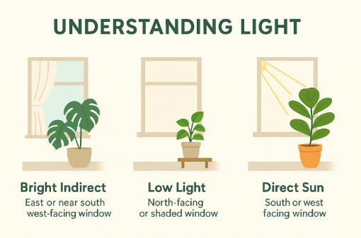 Illustration of three windows showing different indoor light levels: bright indirect light at an east or south-west facing window, low light at a north-facing or shaded window, and direct sun at a south or west facing window.