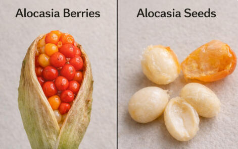 Two photos side by side: an opened Alocasia spathe packed with red and orange berries, and several glossy cream-white Alocasia seeds beside a split berry.