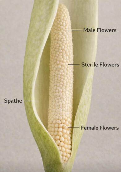 Diagram of an opened Alocasia inflorescence with four parts labelled: spathe, male flowers, sterile flowers, and female flowers.
