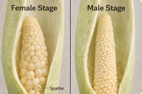 Two Alocasia inflorescences side by side comparing the female stage, with large rounded beads at the base of the spadix, and the male stage, finely granular throughout.